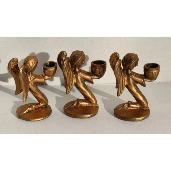 Vtg Ornate Lot 3 Miniature Dollhouse Gold Candle Stick Holders Praying ANGELS - Picture 3 of 3